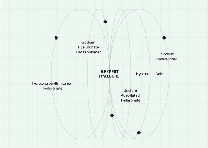 5 EXPERT HYALCORE™: Sodium Hyaluronate Crosspolymer, Sodium Hyaluronate, Hyaluronic Acid, Sodium Acetylated Hyaluronate, Hydroxypropyltrimonium Hyaluronate